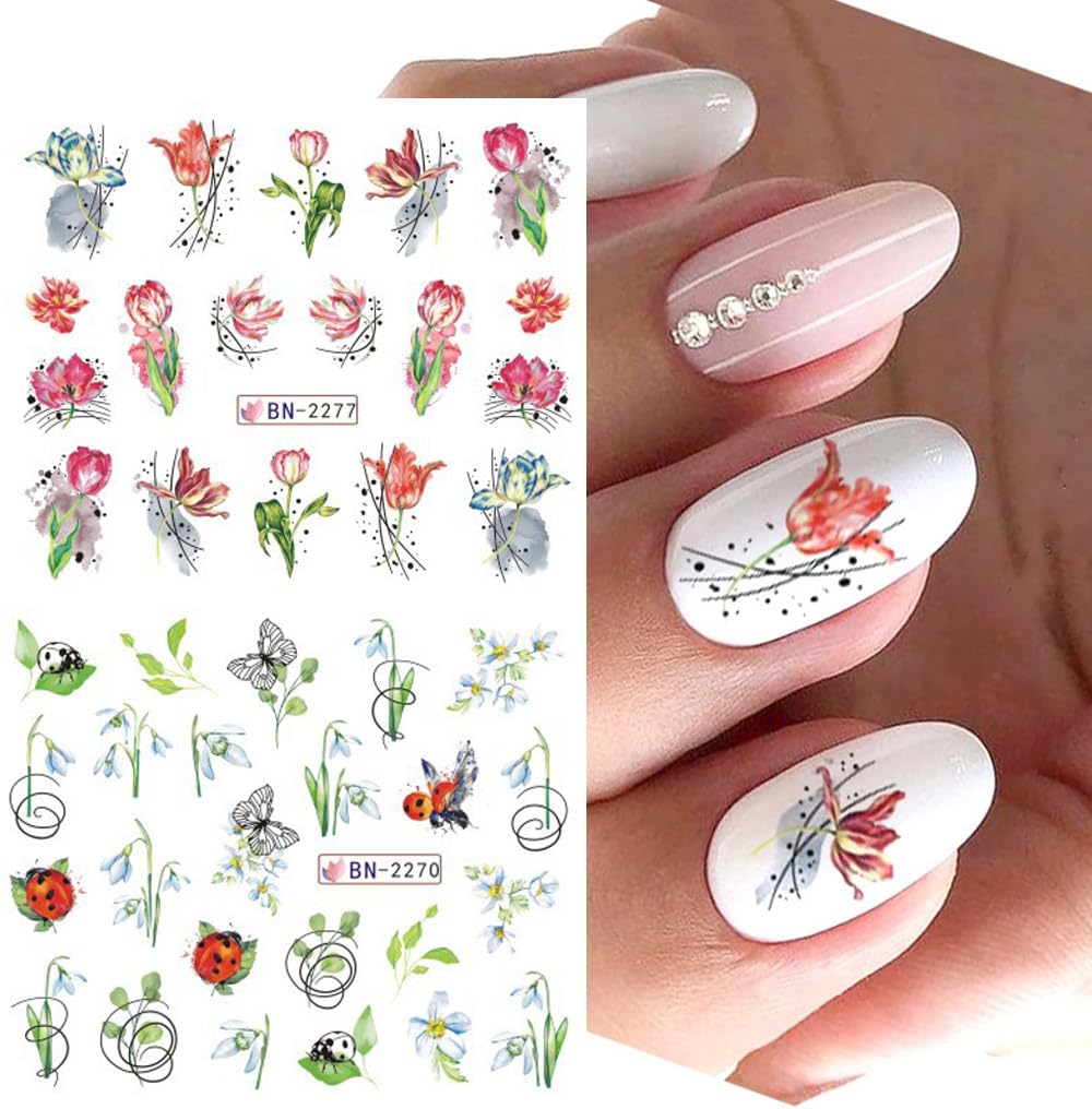 Flowers Nail Art Stickers Decals Tulip Floral Leaf Watercolor Nail Art Decals Transfer Foils for Nails Supply Butterfly Flowers Designs Nail Tattoo Sliders for Women DIY Manicure Nail Decoration 12PCS-Velvo Beauty