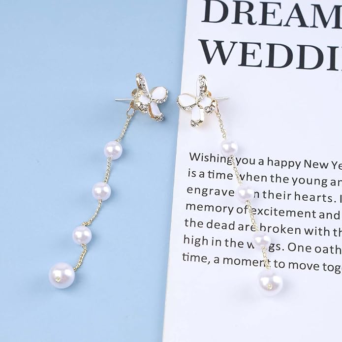 Vintage Butterfly Pearl Drop Earrings Gold Pearl Chain Earrings Long Pearl Tassel Earrings White Butterfly Stud Earrings Wedding Pearl Earrings Jewelry for Women-Velvo Beauty