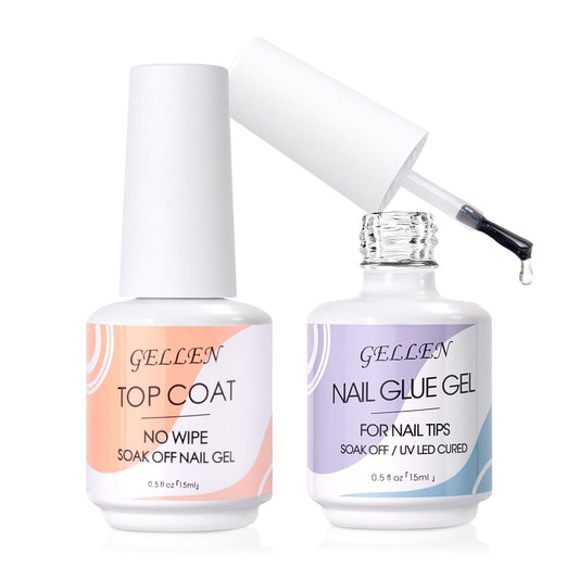 Gellen Nail Glue Gel & No Wipe Top Coat, 5 in 1 UV Nail Glue for Acrylic Nails, High Shiny Top Coat Gel, Curing Needed Extend Gel for False Tips & Clear Press on Nails, Home Salon DIY Manicure-Velvo Beauty