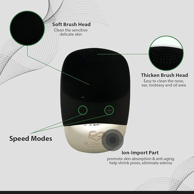 Facial Cleansing Brush | 3-in-1 Electric Face Scrubber | USB Rechargeable Face Cleansing Brush | IPX7 Waterproof | Blackhead Remover | Deep Cleansing & Exfoliating (Black)-Velvo Beauty