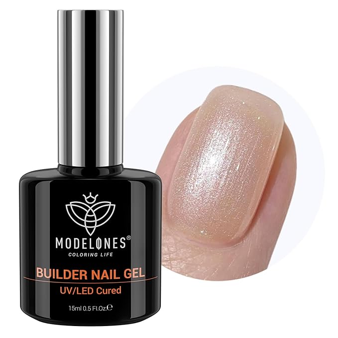 modelones Builder Nail Gel, 8-in-One Gold Shimmer Builder, Champagne Sparkle Glitter Rubber Color Base Gel Polish LED Lamp Cured, Apex Building Strengthener Extension for Home DIY Salon Girls-Velvo Beauty