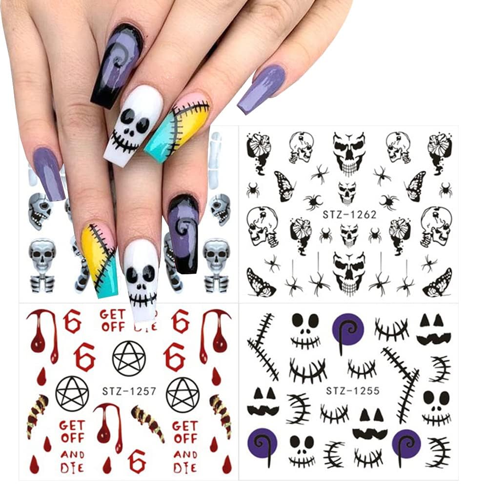 12 Sheets Halloween Nail Art Sticker Decals Horror Water Transfer Nails Foils Pumpkin Ghost Skull Spider Blood Evil Eye Halloween Design Nail Art Decoration Nail Slider Decal for Women DIY Nail Supply-Velvo Beauty