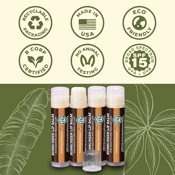 SPF Lip Balm 4-Pack by Earth's Daughter - Lip Sunscreen, SPF 15, Organic Ingredients, Coconut Flavor, Beeswax, Coconut Oil, Vitamin E - Hypoallergenic, Paraben Free, Gluten Free, New-Velvo Beauty