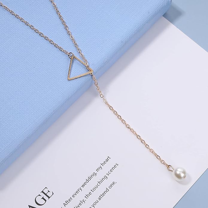 Boho Pearl Triangle Necklace Gold Y Pearl Necklace Minimalist Y Lariat Necklace Geometry Chain Jewelry for Women and Girls-Velvo Beauty
