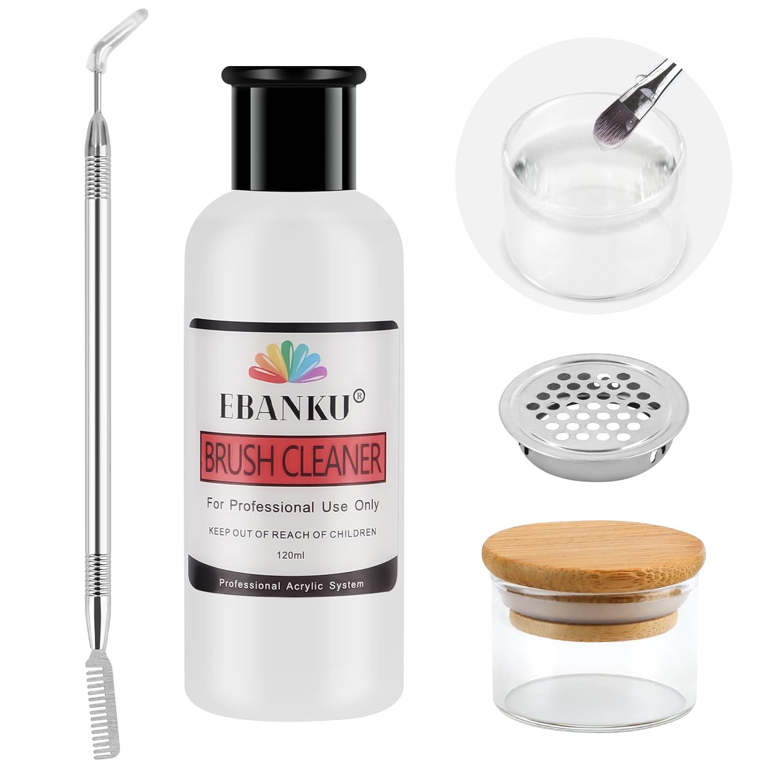 EBANKU 120ml Acrylic Nail Brush Cleaner, 3 in 1 Nail Art Brushes Conditioner Nail Brush Clean Solution Quickly Clean With Glass Cup and Scrub Brush for Solid Gel Polish/Nail Extension Gel-Velvo Beauty