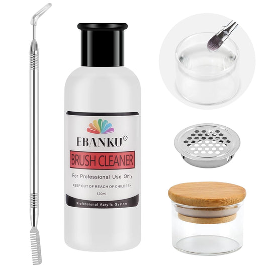 EBANKU 120ml Acrylic Nail Brush Cleaner, 3 in 1 Nail Art Brushes Conditioner Nail Brush Clean Solution Quickly Clean With Glass Cup and Scrub Brush for Solid Gel Polish/Nail Extension Gel-Velvo Beauty