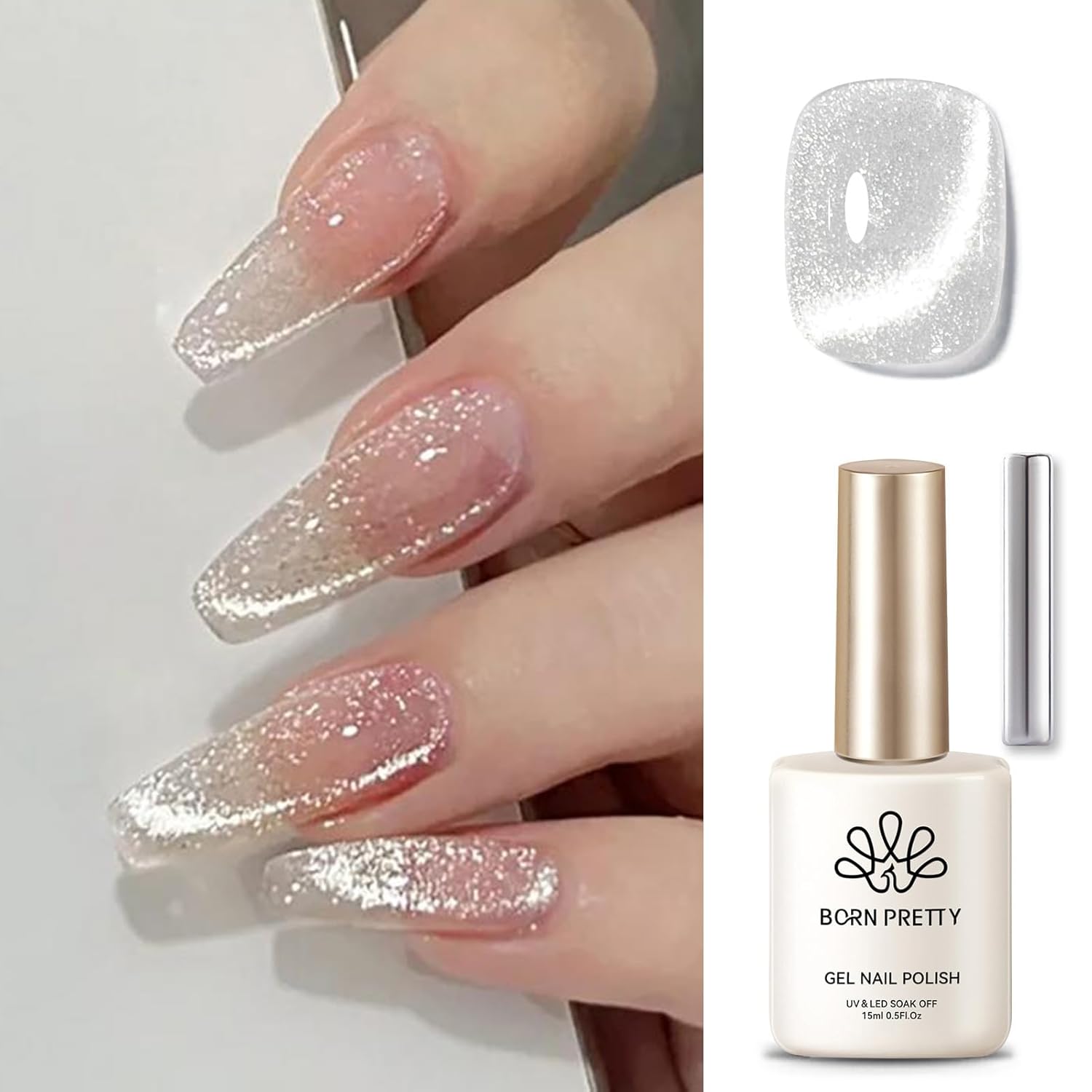 Born Pretty Cat Magnetic Eye Gel Nail Polish, Holographic Glitter Super Shine Gel Nail Polish Soak Off Led Nail Polish Nail Art Gel Manicure Salon DIY Gifts 15ML-Velvo Beauty