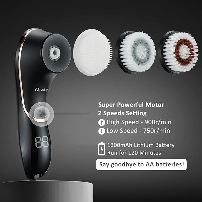 Facial Cleansing Brush, Electric Face Scrubber Rechargeable Exfoliator IPX-7 Waterproof Rotating Cleanser for Exfoliating, Massaging and Deep Cleansing for Women & Men with 4 Brush Heads Black-Velvo Beauty