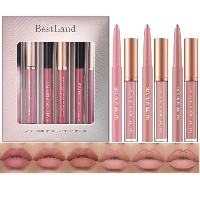 BestLand 6Pcs Matte Liquid Lipstick + Lip Liner Pens Set, One Step Lips Makeup Kits Pigment Velvety Nude Lip Stain Waterproof Long Wear Lip Gloss Make up Gift Set (Graceful Nudes Collection)-Velvo Beauty
