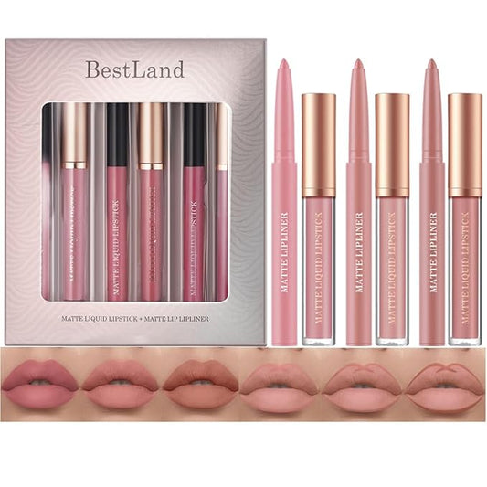 BestLand 6Pcs Matte Liquid Lipstick + Lip Liner Pens Set, One Step Lips Makeup Kits Pigment Velvety Nude Lip Stain Waterproof Long Wear Lip Gloss Make up Gift Set (Graceful Nudes Collection)-Velvo Beauty