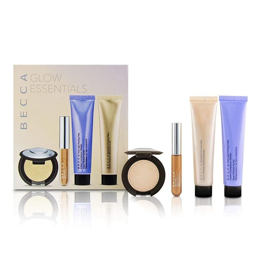 Becca Glow Essentials Travel-size Kit - Becca First Light Priming Filter, Becca Backlight Priming Filter, Becca Shimmering Skin Perfector Pressed Highlighter in Moonstone, Glow Gloss Champagne Creme-Velvo Beauty
