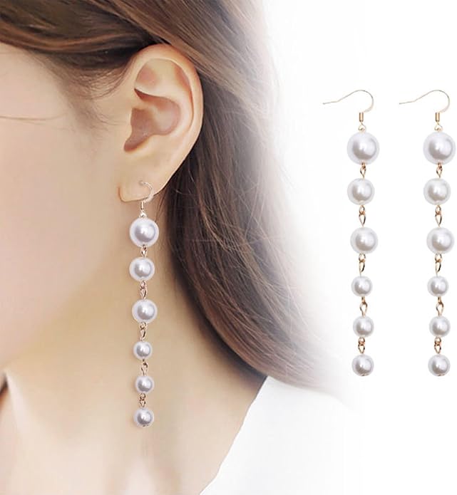Boho Long Pearl Drop Earrings Vintage Gold Tassel Pearl Dangle Earrings Statement Pearl Chain Drop Dangle Earrings Wedding Prom Bridal Pearl Hook Earrings Jewelry for Women-Velvo Beauty