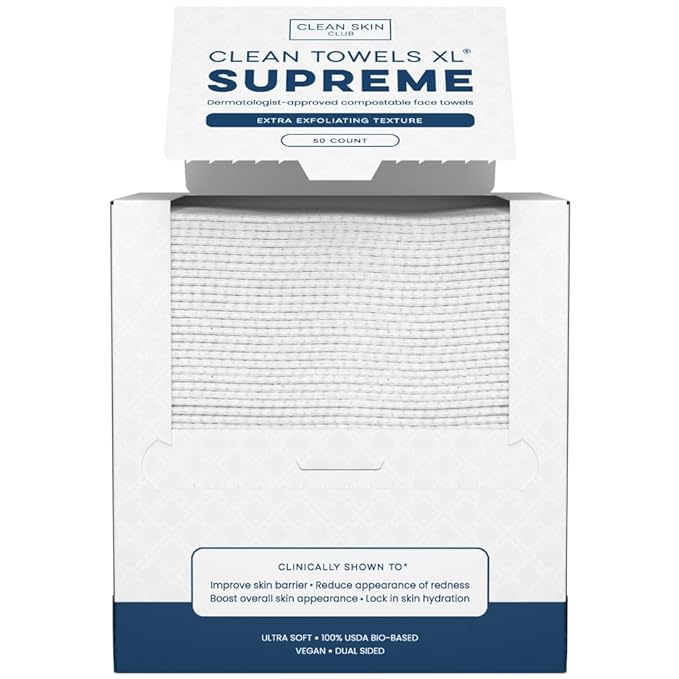 Clean Skin Club Clean Towels XL™ Supreme, 100% USDA Biobased Dermatologist Approved Face Towel, Gentle Exfoliation, Disposable Facial Washcloth, Makeup Remover Dry Wipes, 50 Count-Velvo Beauty
