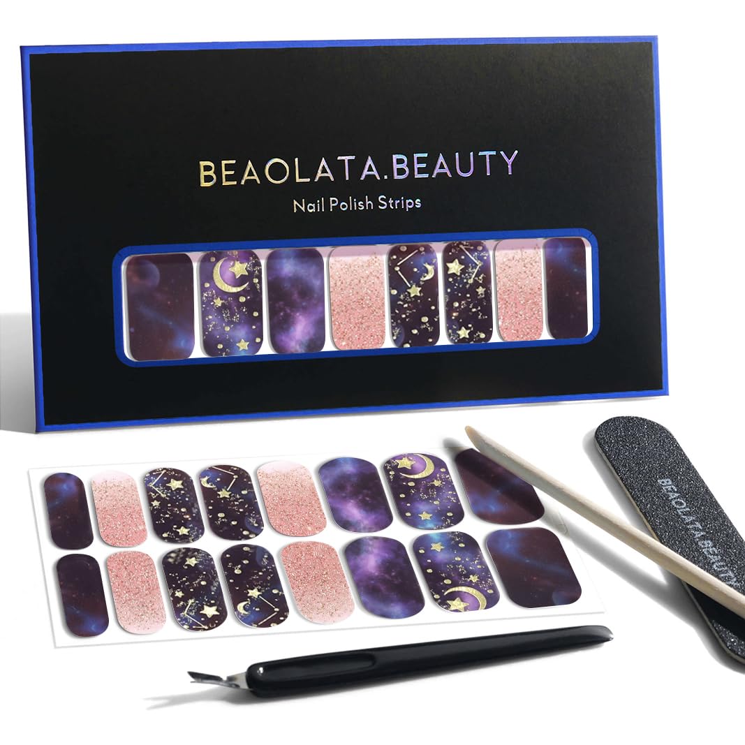 Nail Polish Strips, 32PCS Salon Quality Wraps, Long Lasting Gel Nail Stickers for Women Easy Apply& Remove (Stardust Purple Dream)-Velvo Beauty