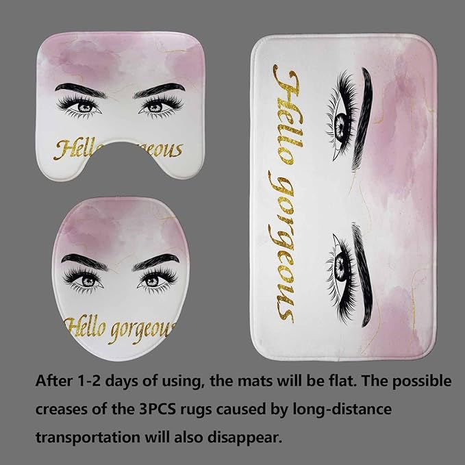 4PCS Hello Gorgeous Eyelash Shower Curtain Set, Gold Glitter Quotes Black Eyebrow Makeup Pink Marble Glam Modern Fashion Girly Women Bathroom Decor, Non-slip Bath Mat Toilet Rug, Charming Eyes-Velvo Beauty