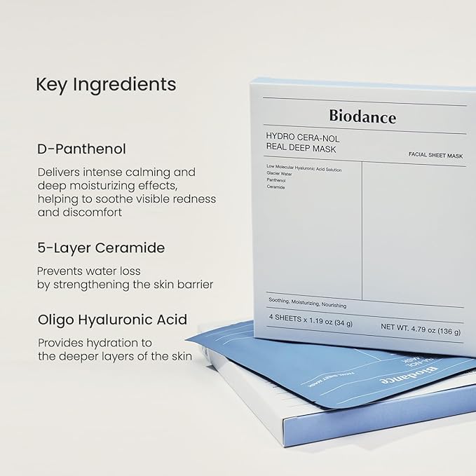 BIODANCE Hydro Cera-nol Real Deep Mask, Overnight Hydrogel Mask, Hydrating Facial Mask For Sensitive Skin, Redness Reducing & Quick Soothing Effect, Korean Skincare | 1.19oz(34g) x 4ea-Velvo Beauty