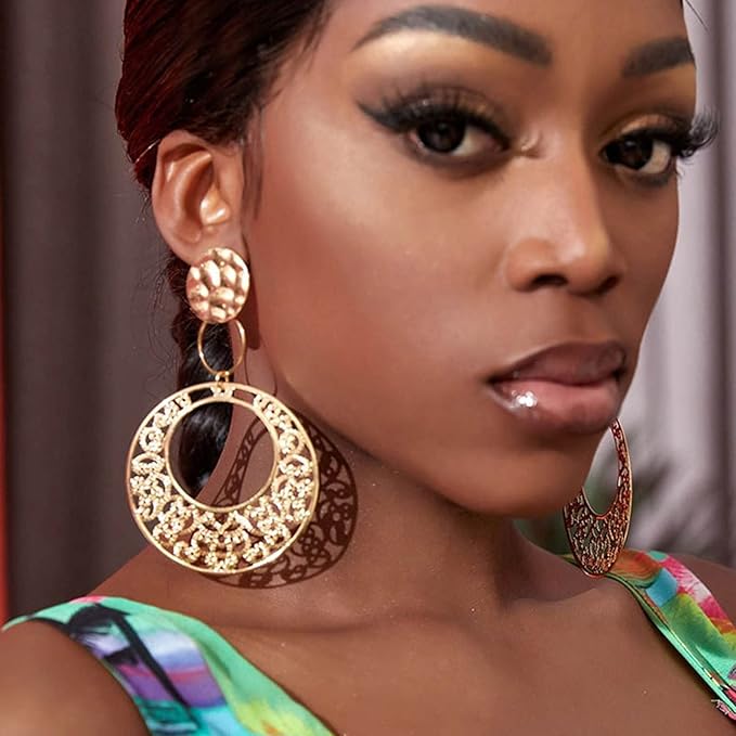 Boho Large Filigree Disc Dangle Earrings Stud Vintage Tribal Ethnic Hollow Carved Earrings Gold Geometric Floral Hoop Drop Earrings Statement Wedding Prom Earrings Jewelry for Women Girls-Velvo Beauty