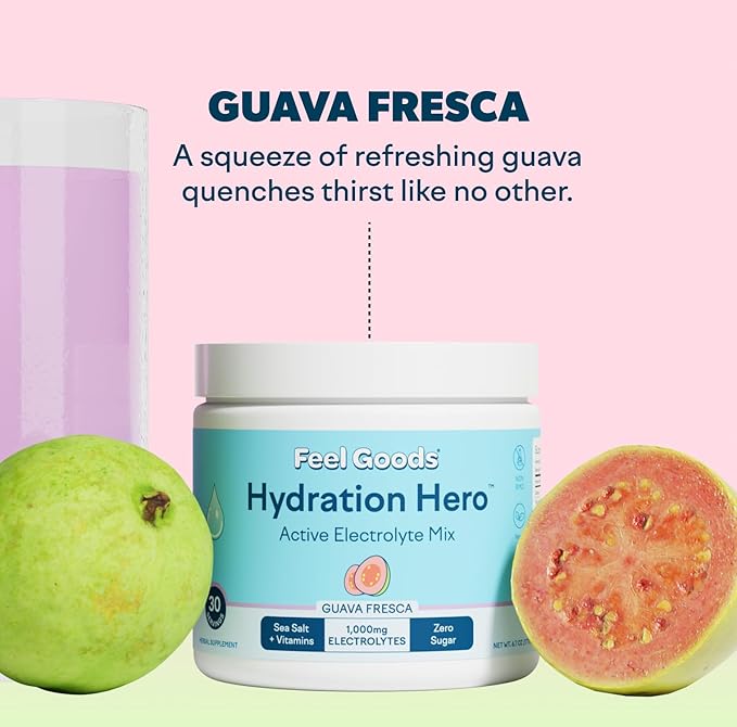 Feel Goods Hydration Hero, 1,000mg Electrolytes Powder, Sugar Free, Magnesium, Organic Aloe Vera, Organic Aloe, L Theanine, Vitamin C & B12, Non GMO, Keto, Vegan | Guava Fresca, 30 Servings-Velvo Beauty