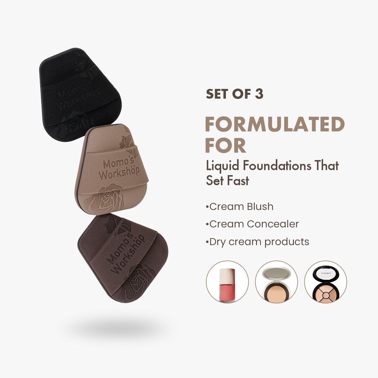 Mini Trapezoidal Makeup Sponge Set,Dual-Use Mini Rubycell Sponge for Foundation/Concealer/Blush,Soft, Even Application for Liquid & Cream Products,3pcs Mini Concealer Puffs & Storage Case-Velvo Beauty
