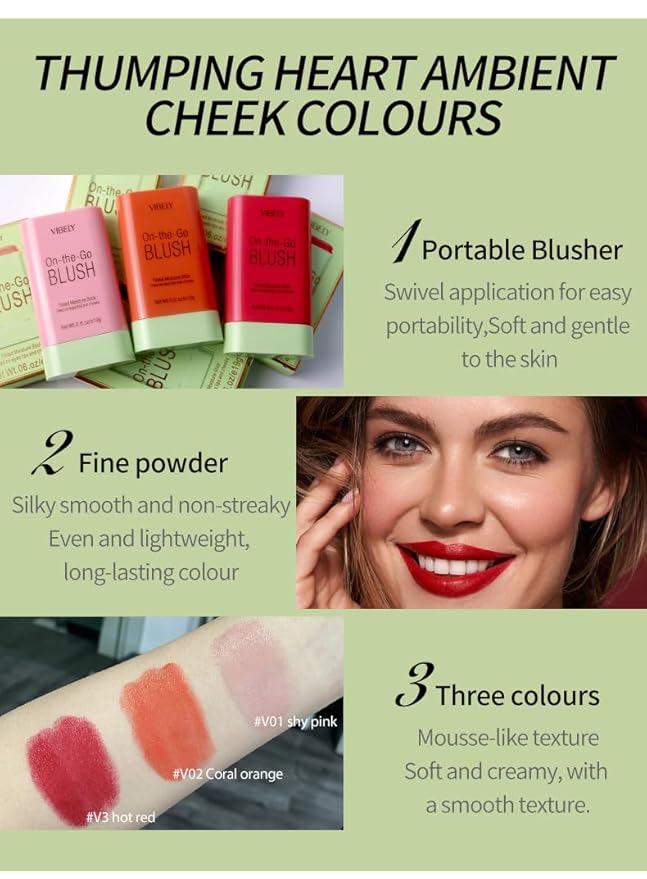 Multi-Use Makeup Blush Stick, Cream Blush Stick, Tinted Solid Moisturizer Stick for Cheek & Eyes & Lips, Waterproof Natural Nude Makeup, Suitable for All Skin (3#Coral Orange)-Velvo Beauty