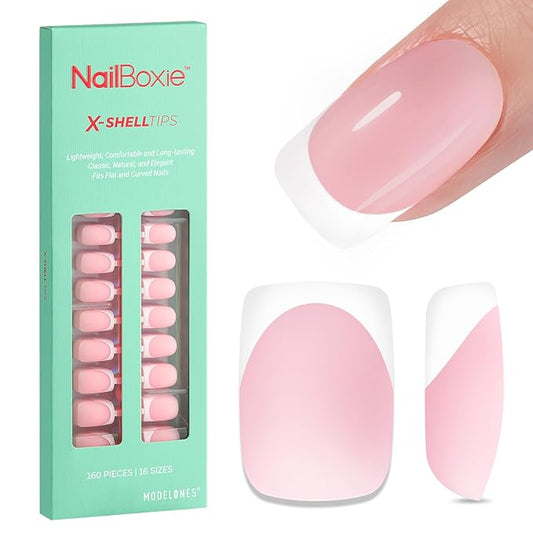 modelones French Tip Press on Nails, Short Square Fake Nails with Nail Box, Pink & White Gel Nail Tips for Women, Soft Glue-On Nails for Natural Salon Look, DIY Nail Art Kit-Velvo Beauty