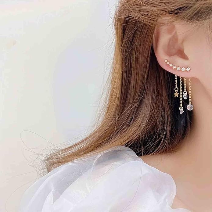 Boho Star Ear Jacket Earrings Gold Cz Star Ear Climber Earrings Crystal Chain Tassel Earrings Crystal Ear Crawler Long Chain Earrings Jewelry for Women and Girls Gifts-Velvo Beauty