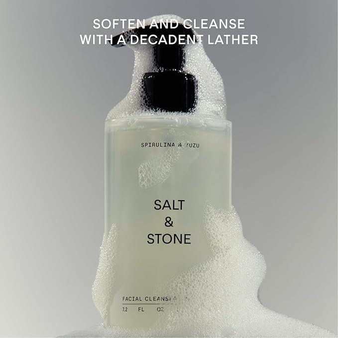 Salt & Stone Facial Cleanser for Women & Men, Spirulina & Yuzu Gentle Facial Wash with Hyaluronic Acid, Squalane, For All Skin Types, Vegan, Cruelty Free, 7.2 oz-Velvo Beauty
