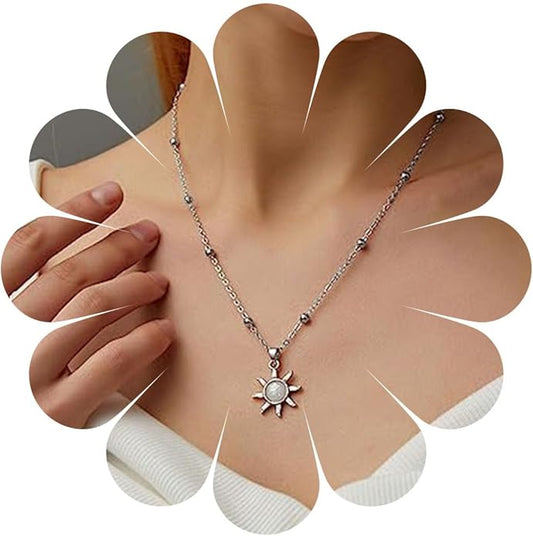 Vintage Opal Crystal Sun Pendent Necklace Opal Sunburst Necklace Moonstone Sun Choker Necklace Gold Ball Chain Necklace Jewelry for Women (Gold)-Velvo Beauty