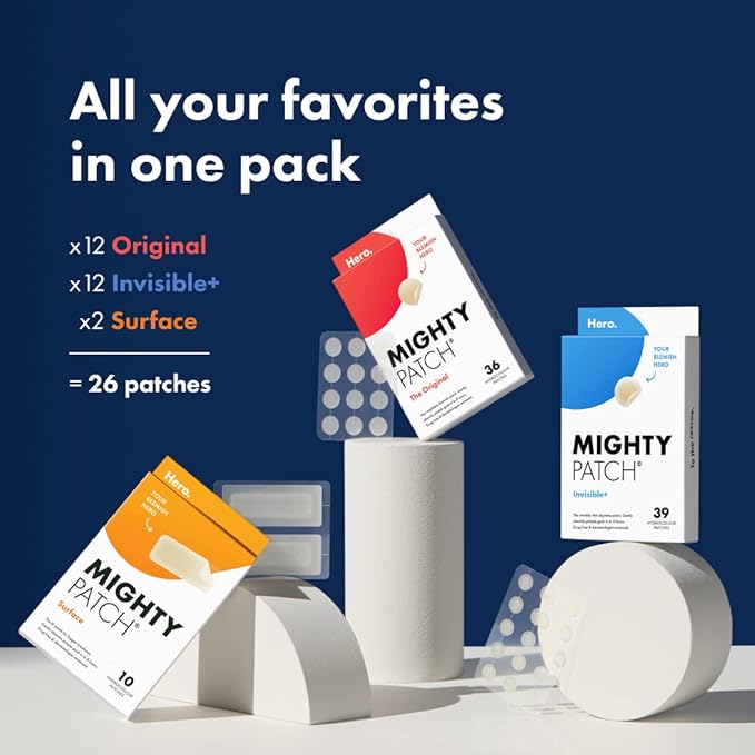 Mighty Patch™ Variety Pack from Hero Cosmetics - Hydrocolloid Acne Pimple Patches for Covering Zits and Blemishes, Spot Stickers for Face and Skin, Korean Skin Care, 26 ct-Velvo Beauty