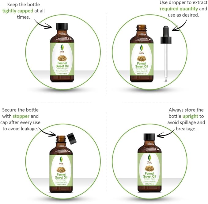 SVA Sweet Fennel Essential Oil – 4 Fl Oz – 100% Natural Fennel Oil - for Diffuser, Hair Care, Face, Skin Care, Aromatherapy, Scalp and Body Massage, Soap and Candle Making – with Dropper-Velvo Beauty