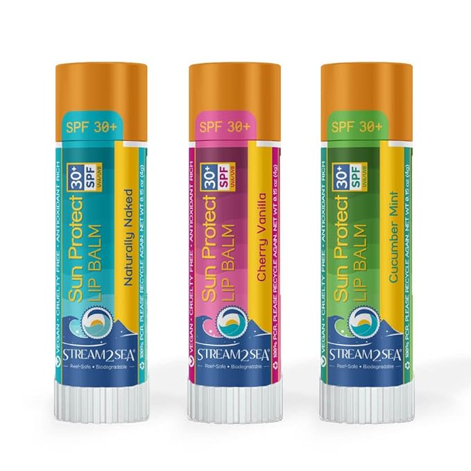STREAM 2 SEA SPF 30 Organic Lip Balm Set, Reef Safe Cherry Vanilla, Naturally Naked and Cucumber Mint, Moisturizing + Sun Protect Outdoor Lip Balm For Beach and Sports, Paraben Free Lip Moisturizer-Velvo Beauty