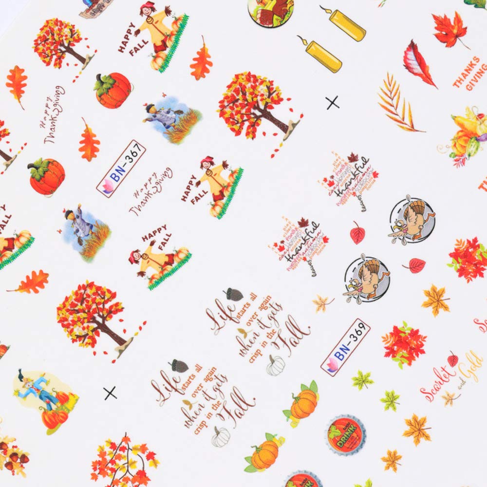 Fall Nail Stickers Autumn Maple Leaf Nail Art Decals Thanksgiving Day Water Decal Transfer Slider Set Turkey Pumpkin Nail Art Foil Stickers Nail Supplies Accessories Decoration Manicure Tips 12 Design-Velvo Beauty