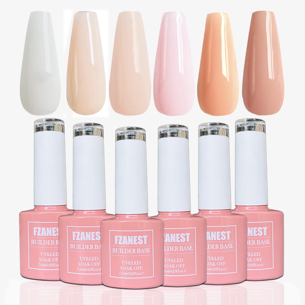 FZANEST Rubber Base Builder Gel for Nails Kit, 6pcs*7.5ml in a Bottle, Nail Strengthener Extension With Jelly Natural Nude Pink Colors, UV Soak Off Polish-Velvo Beauty