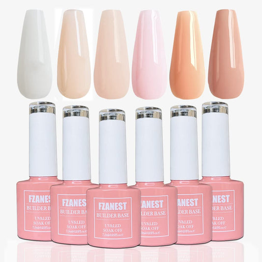 FZANEST Rubber Base Builder Gel for Nails Kit, 6pcs*7.5ml in a Bottle, Nail Strengthener Extension With Jelly Natural Nude Pink Colors, UV Soak Off Polish-Velvo Beauty