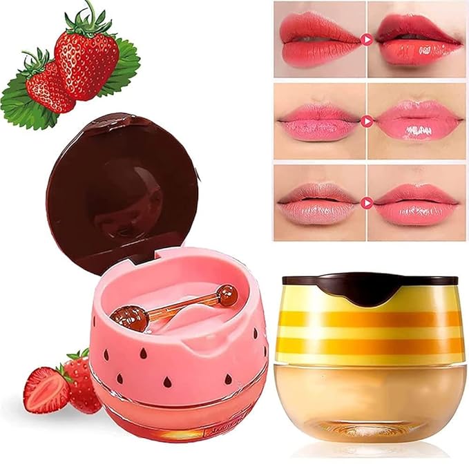 2PCS Honey Balm & Strawberry Lip Balm, Honey Lip Balm, Lip Masks for Dry and Cracked Lips with Brush, Lip Exfoliator & Moisturizer, Reduces Lips Lines & Lightens Lips, Anti-Wrinkle, Aging-Velvo Beauty