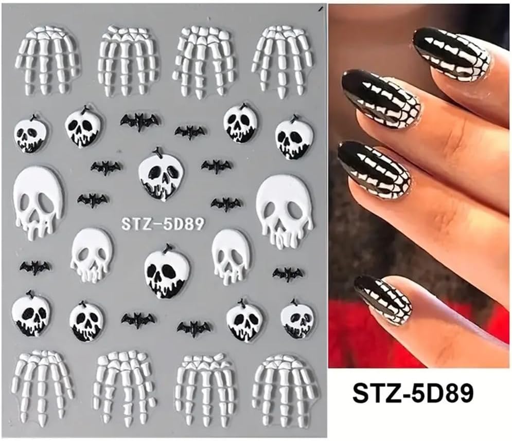 2 Pcs Halloween Nail Art Stickers 5D Embossed Scary Skull Self-Adhesive Nail Decals Halloween Stickers Bat Bones of The Dead Designs Nail Decorations Holiday DIY Acrylic Nail Accessories for Women-Velvo Beauty