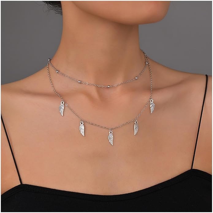 Vintage Layered Wing Dangle Necklace Angel Wing Pendant Necklace Tiny Wing Choker Necklace Silver Angel Wing Necklace Jewelry for Women-Velvo Beauty