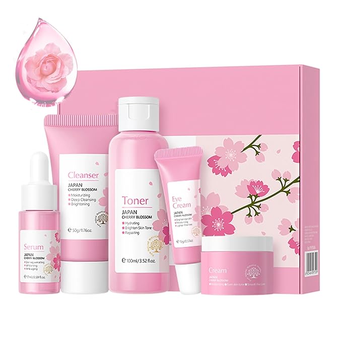 Korean Skin Care Set - Sakura Skin Care Sets & Kits - Women Gift Sets with Cleanser-Toner-Serum-Face Cream-Eye Cream - Skin Care Routine Kit for Women - Beauty Products Gift Box (SetB)-Velvo Beauty