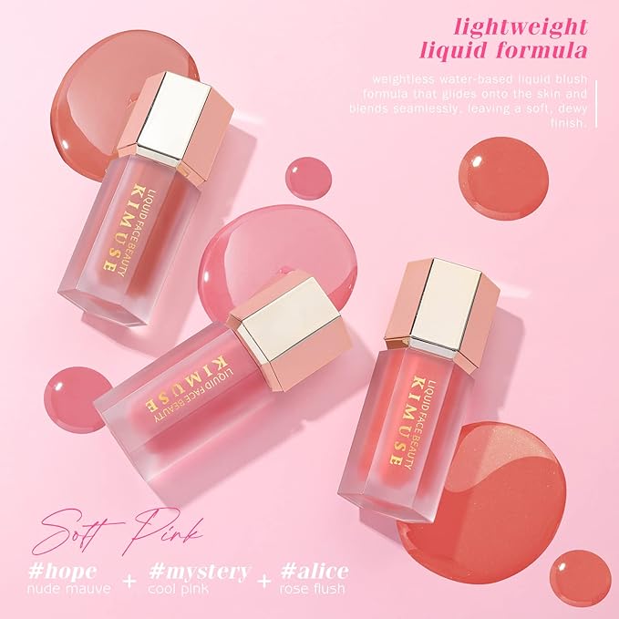 KIMUSE Soft Pink Gel-Cream Blush Trio, Liquid Blush for Cheeks, Weightless, Long-Wearing, Smudge Proof, Natural-Looking, Dewy Finish, Skin Tint Blush Makeup, 0.42 Fl Oz (love pink)-Velvo Beauty