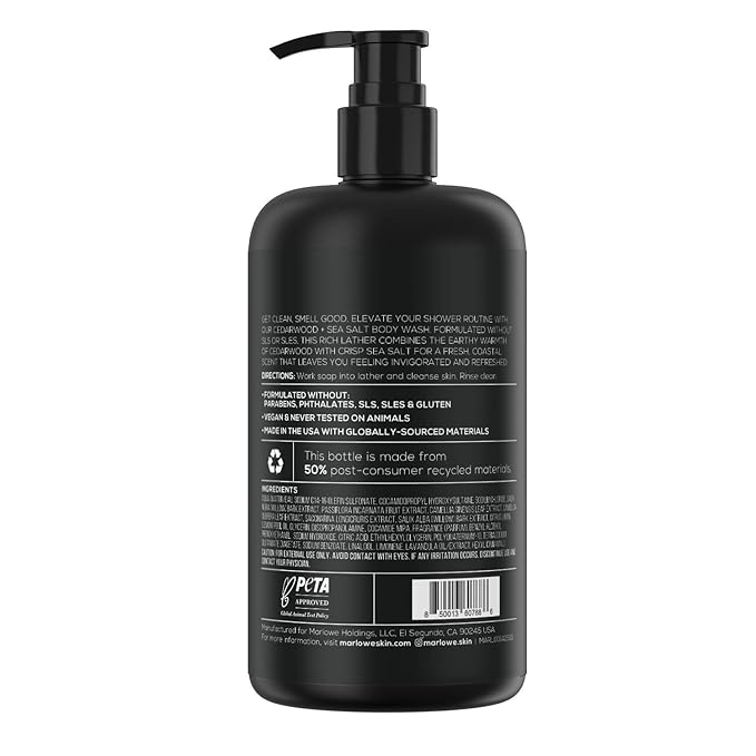 MARLOWE. No. 103 Body Wash 15 oz Pump, Cedarwood + Sea Salt, Energizing & Refreshing Shower Gel, Willow Bark & Green Tea Extracts, Cleanses, Moisturizes, Smooths & Nourishes, Fresh & Zesty Scent-Velvo Beauty
