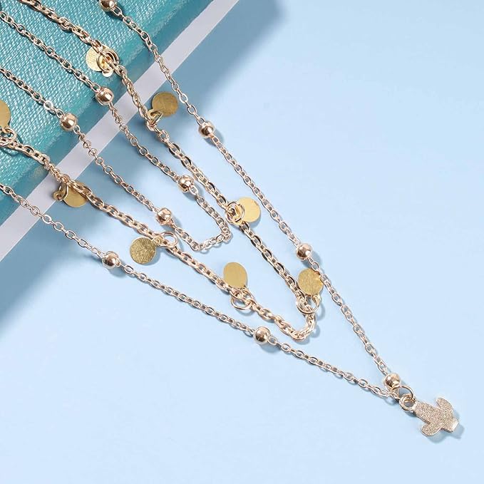 Boho Layered Disc Coin Necklace Choker Gold Cactus Pendant Necklace Stacking Satellite Chain Necklace Vintage Multilayer Necklace Chain Jewelry for Women and Girls Gifts-Velvo Beauty