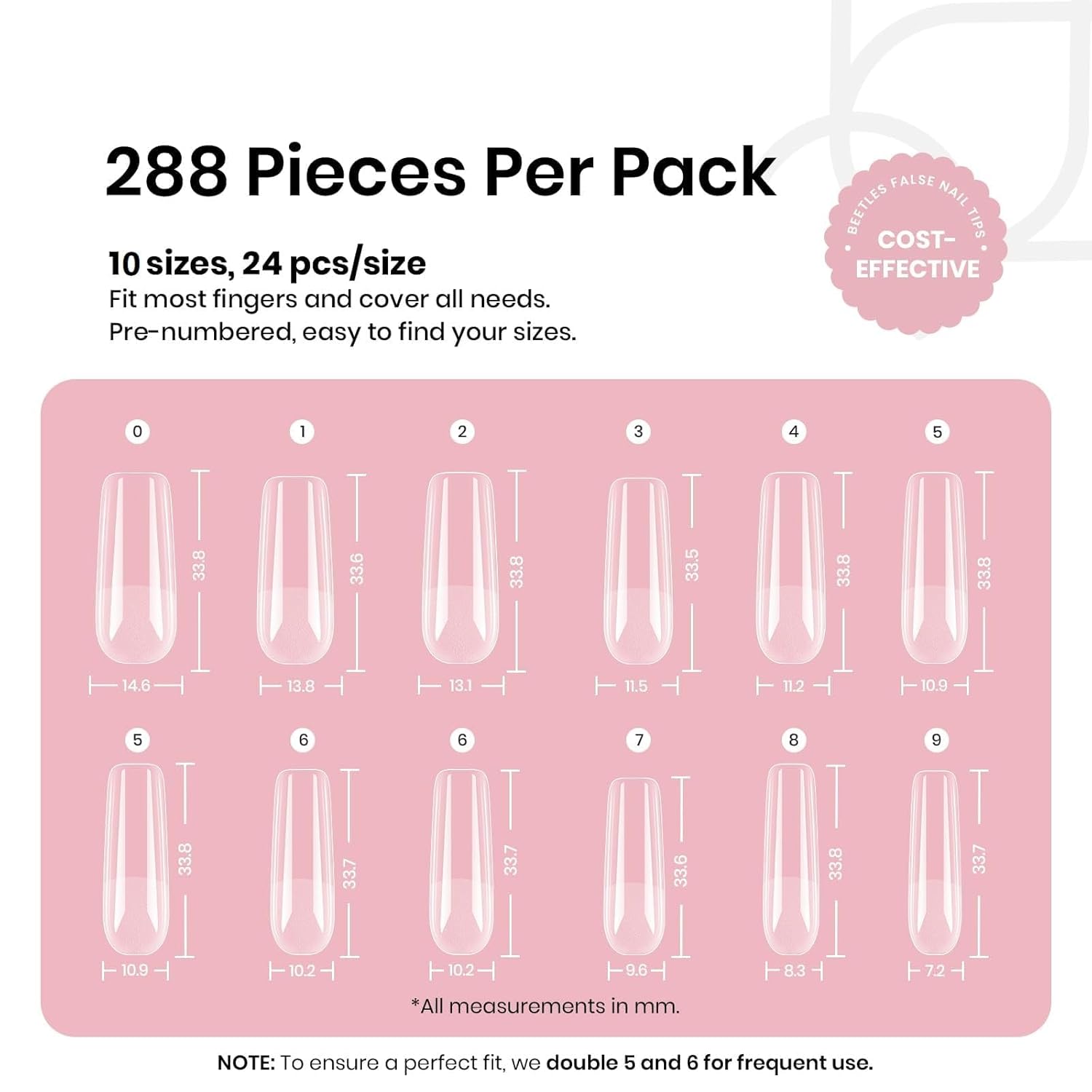 Beetles Gel Nail Tips Long Square 10 Sizes, 288Pcs Pre Shaped Half Matte Press On Nails Gelly Tips False Nails for Gel Nail DIY Art Nail Extensions Acrylic Nails Gift-Velvo Beauty