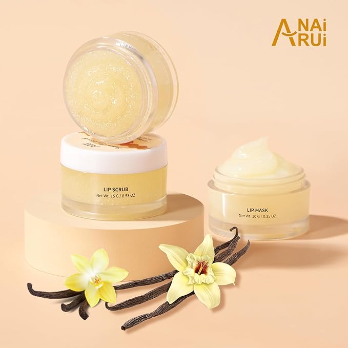 ANAI RUI Lip Mask and Scrub Set, Lip Sleeping Mask & Lip Exfoliator/Scrub for Exfoliating & Lip Overnight Treatment, Lip Care Gift Kits for Dry, Chapped & Dark Lips, Reduce Fine Lines, Vanilla-Velvo Beauty