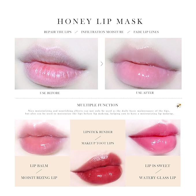 Honey Lip Balm Pot, Honey Lip Sleeping Mask Overnight 24HR Repair Lip, Moisturizing Lip Mask Honey Lip Balm Pot with Wand Hydrate Nourish Prevent Chapped Lips Lip Scrubs Exfoliator-Velvo Beauty