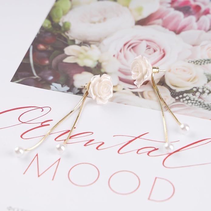 Vintage Flower Pearl Drop Earrings Long Tassel Pearl Earrings White Camellia Stud Earring Gold Pearl Chain Dangle Earrings Jewelry for Women-Velvo Beauty