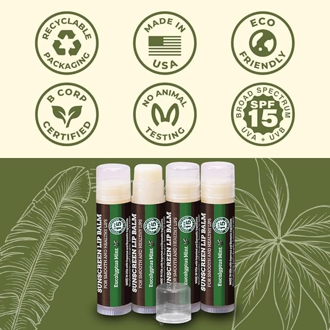 SPF Lip Balm 4-Pack by Earth's Daughter - Lip Sunscreen, SPF 15, Organic Ingredients, Eucalyptus Mint Flavor, Beeswax, Coconut Oil, Vitamin E - Hypoallergenic, Paraben Free, Gluten Free-Velvo Beauty