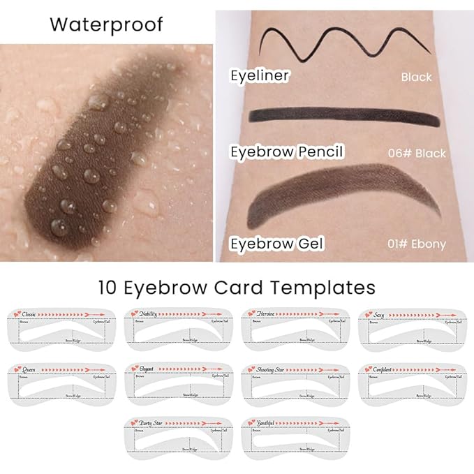 evpct Eyebrow Stencils Kit for Women Shaping, Eyebrow Shaper Makeup Kit, Eye Brow Stencil Shaper Tinting kits for Women, with Eyeliner, Eyebrows Pencil, Pomade, Brush and 10 Stencils, Kit-01# EBONY-Velvo Beauty