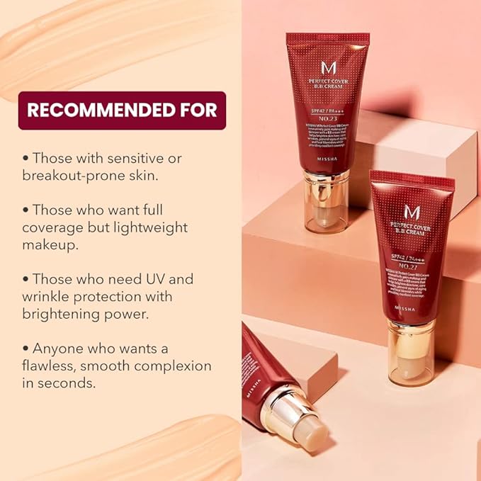 MISSHA M PERFECT COVER BB CREAM No.21 Light Beige for Bright Skin/SPF 42 PA+++ 1.69 oz & M BB Boomer 40ml -Lightweight, Multi-Function, High Coverage-Velvo Beauty