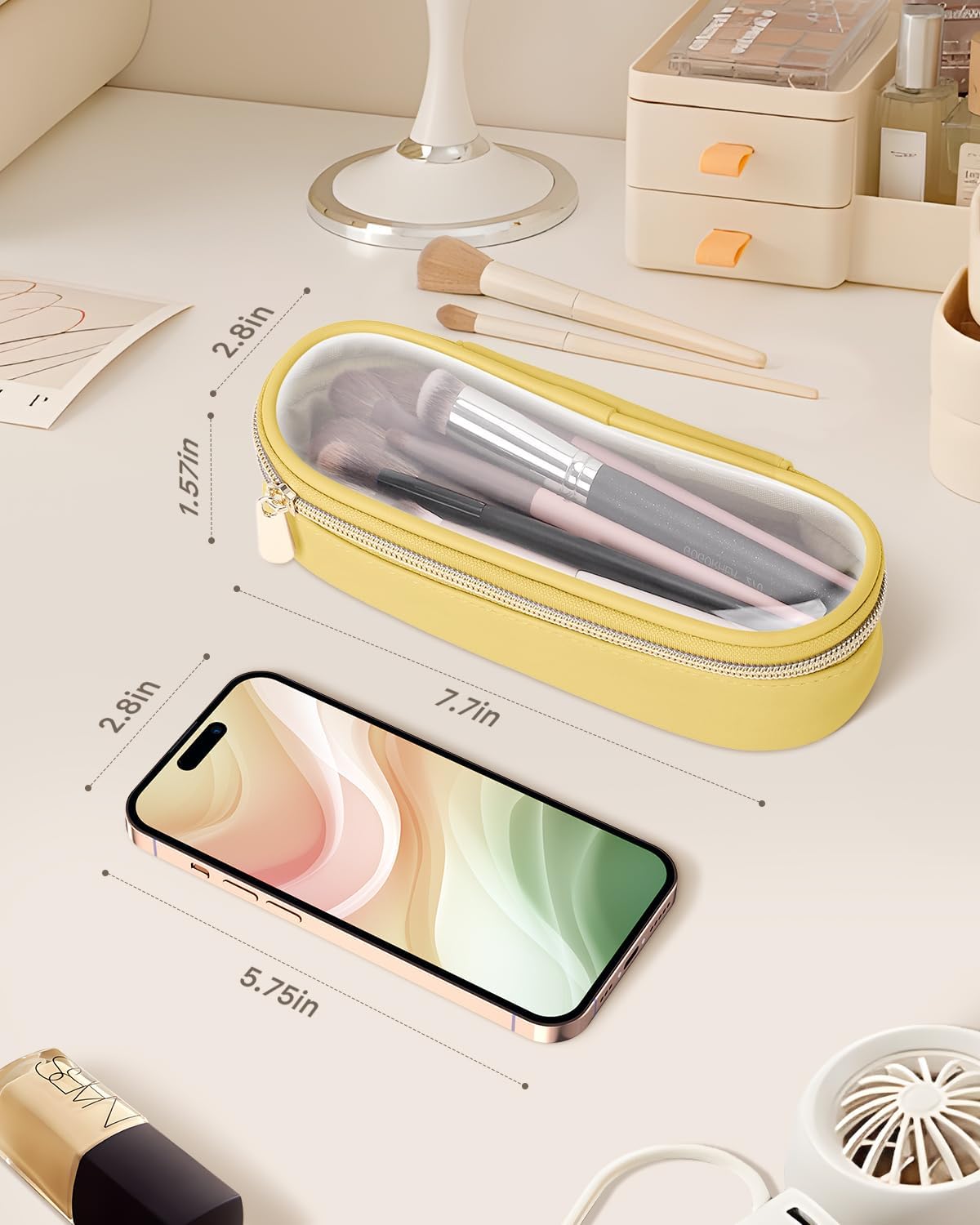 Clear Travel Makeup Brush Holder, Leather Makeup Brush Toiletry Bag, Portable Cosmetic Brush Case, Transparent Waterproof Makeup Brush Storage Bag, Yellow-Velvo Beauty