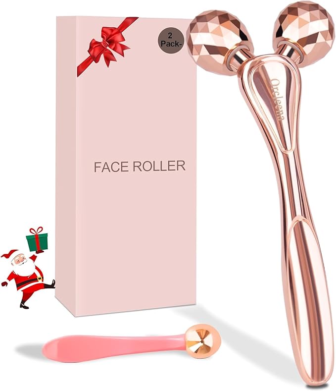 3D Face Roller Metal Facial Massager Face Sculpting Gua Sha Massage Tool for Eye Skin Care Reducing Puffiness Anti-Wrinkle for Women Girl Gift Set(Rose Gold)-Velvo Beauty
